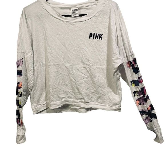 Victoria’s Secret Pink Long Sleeve Graphic Cotton Cropped Relaxed Fit Tee Shirt - Picture 1 of 5